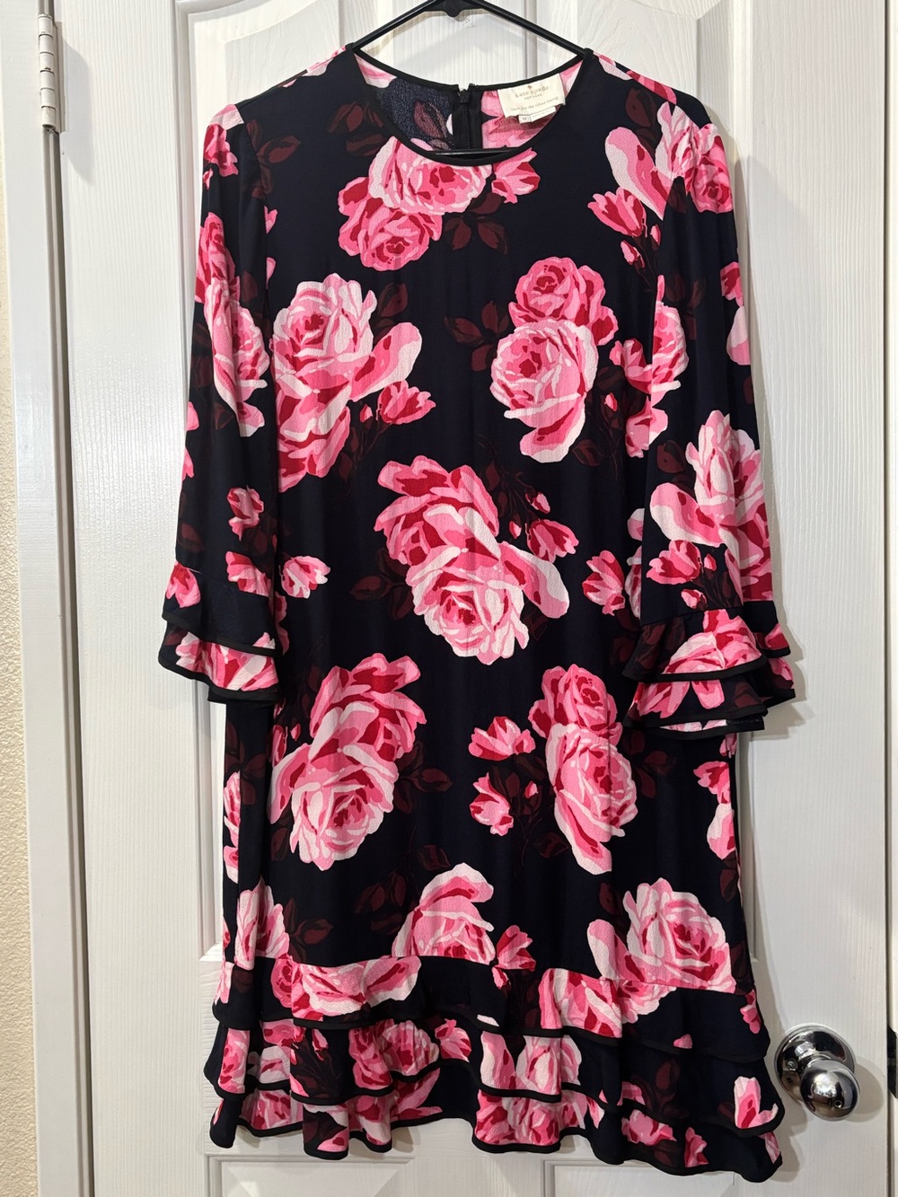Kate Spade Floral Shift Dress in Black with Pink Roses